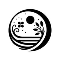 Serene Black and White Circular NatureInspired Composition Featuring Stylized Trees, Moon, Stars, Waves, and Floral Elements, Evoking Tranquility. vector