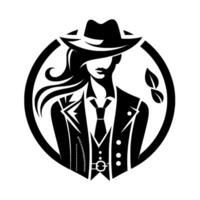A stylized black and white illustration of a woman in a fedora and suit within a circular frame, suggesting elegance and mystery. vector