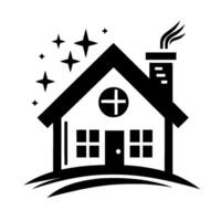 Stylized black and white illustration of a house featuring a chimney, crossshaped window detail, and stars in the sky. vector