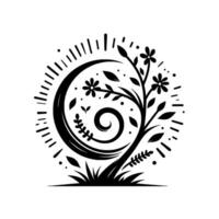 Elegant Black and White Illustration of a Stylized Blooming Tree within a Circular Burst of Light and Foliage. vector