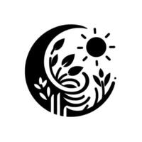 A stylized black and white illustration symbolizing harmony, with a crescent moon embracing organic foliage, balanced by a shining sun motif. vector