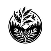 Black and White Circular Nature Mountains, Trees, Leaves, a Bird, and Stars in a Minimalist . vector