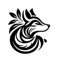 Intricate black and white stylized fox head , featuring layered swirling patterns, botanical accents, and a modern minimalist aesthetic. vector
