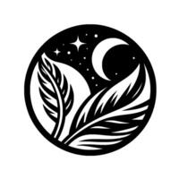 A minimalist, circular depicting a serene night scene featuring stylized leaves, a crescent moon, and sparkling stars, rendered in black and white. vector