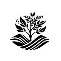 Elegant Monochrome A stylized tree with lush leaves, emerging from a curved, textured landscape, suggesting growth. vector