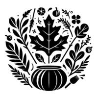 Black and white circular botanical illustration featuring a cauldron, surrounding foliage, leaves, and floral elements, evoking fall and harvest themes. vector