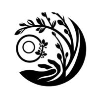 Black and white stylized featuring a hand cradling stylized flora and circular elements, representing growth and care. vector