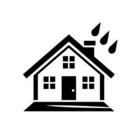 Black and White Minimalist Illustration of a House with Raindrops, Symbolic of Weather and Shelter. vector