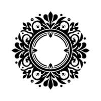 Ornate Black White Circular Symmetrical Floral Pattern Surrounding a Central Blank Circle, Decorative Elements. vector