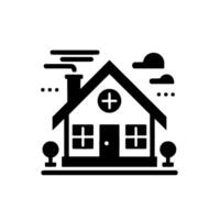Minimalist Black and White Illustration of a House Featuring a Plus Sign, Smoke, Clouds, and Trees. vector