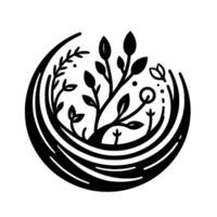 Intricate black and white minimalist illustration of a tree and foliage within a curved frame, suggesting growth and natures delicate . vector