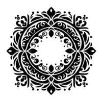 Intricate Black Mandala on White Background Circular Floral with Symmetrical Pattern, Featuring Swirls, Dots, and Leaf Motifs. vector