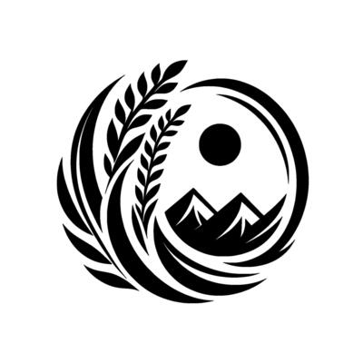 Stylized Black White YinYang Mountains, Sun, and Wheat Symbolizing Harmony Natures Balance, in a Minimalist .