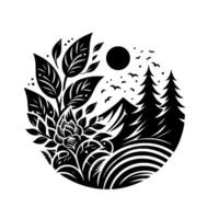A monochromatic mandalastyle featuring a detailed floral arrangement, evergreen trees, mountains, birds, and a sun, all within a circular frame, portraying natures beauty. vector