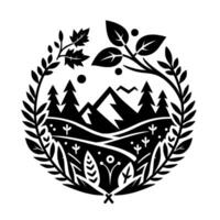 A minimalist black and white circular featuring a mountain landscape with trees and foliage, evoking a sense of nature and tranquility. vector