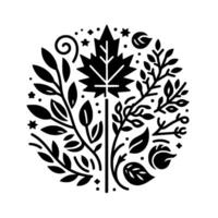 Stylized Black and White Circle Composition featuring a Central Maple Leaf surrounded by Foliage, Branches, Stars, and Dots, evoking natures balance and elegance. vector