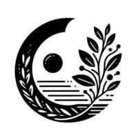 Monochromatic botanical , a stylized circular composition featuring a crescent, sun, water lines, foliage, and berries, evoking nature and minimalism. vector