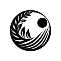 A YinYang inspired circle with abstract leaves, a sun, and flowing lines, creating a balanced monochrome composition. vector