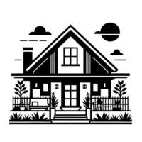Monochromatic Illustration of a Classic House Detailed Front View with Fence, Plants, and Minimalist Sky Elements. vector