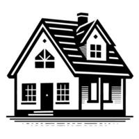 A stark, geometric black and white illustration of a twostory house, showcasing a simplified architectural with gabled roofs and window patterns. vector