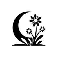 Stylized black and white floral arrangement featuring three daisylike flowers, accented by a crescent shape, set against a clean, white background. vector