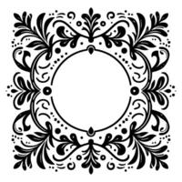 Intricate Black and White Floral Frame with a Central Circular Space, Featuring Detailed Leaf Motifs, Curvilinear Lines, and Dot Accents. vector