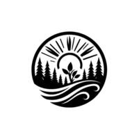 Circular black and white nature emblem with stylized sunrise, forest, water, and sprouting leaves, evoking growth and harmony. vector