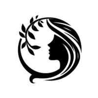 Elegant Silhouette A minimalist black and white featuring a womans profile enclosed in a circular frame with a laurel branch. vector