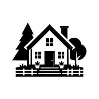 Stylized monochrome illustration of a charming house with a gabled roof, trees, a picket fence, and potted plants, evoking a sense of tranquility. vector