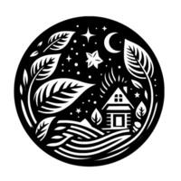 Black White Circular Illustration of a Cozy Cottage Under a Starry Night, Surrounded by Foliage, Creating a Serene Atmosphere. vector