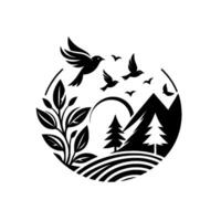 A Minimalist Monochrome Circular Depicting Birds in Flight, Mountains, Trees, Fields, and Foliage in a Natural Landscape. vector
