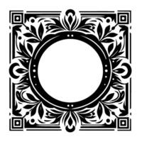 Intricate Black and White Floral Frame with a Circular Center and Geometric Corner Accents on White Background. vector
