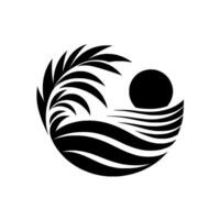 Minimalist Black and White Circular Palm Frond, Sun, and Water Elements in a Harmonious Composition. vector