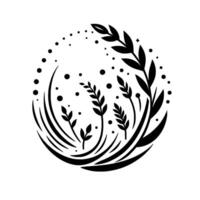 Stylized Black and White Floral Circle, Featuring Leaves, Sprigs, and Dots, Creating a Harmonious, Organic . vector