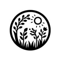 Monochromatic Botanical Scene A Circular Emblem Featuring Silhouetted Plants, Grass, and Sun Against a White Backdrop. vector