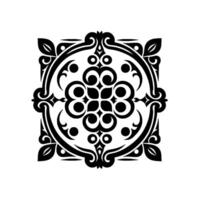 Intricate symmetrical black and white featuring organic and geometric elements, resembling a stylized floral pattern within a square and circular frame. vector