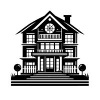 A symmetrical black and white illustration of a classic, multistoried house with detailed architecture, balcony, and a round window, with stylized trees. vector