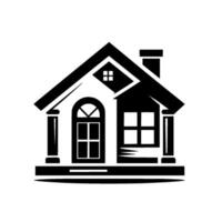 A simple, monochromatic illustration of a classic house, featuring a gabled roof, arched front door, rectangular windows, and a chimney, set against a blank white background. vector