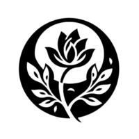 Stylized Black and White Floral Emblem A symmetrical featuring a blooming flower and leafy branches encapsulated within a circular frame, creating a minimalist aesthetic. vector