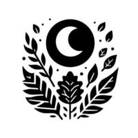 A minimalist, blackandwhite featuring a crescent moon surrounded by stylized foliage, creating a balanced, natural, and elegant composition. vector