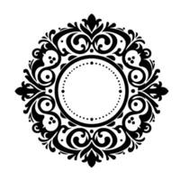 Intricate black and white circular decorative featuring a blank dotted circle center, surrounded by stylized floral and scroll elements, creating an elegant and ornamental frame. vector