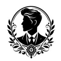 Elegant Monochrome Silhouette of a Man in a Suit Within a Decorative Laurel Wreath and Circular Frame, Classic vector