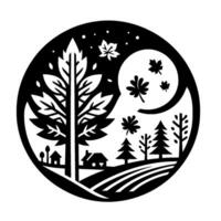 A stark black and white circular illustration of an autumn landscape with trees, falling leaves, a moon, houses, and fields, suggesting serenity. vector