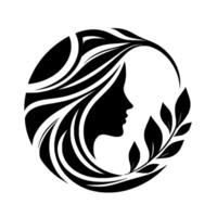 A stylized, black and white illustration of a womans profile within a circular frame, framed by flowing hair and laurel leaves. vector