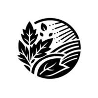 Monochromatic minimalist circular depicting leaves, fields, and sun rays, representing natures harmony in a clean, modern . vector