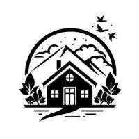 A monochrome illustration of a charming house amidst a stylized natural landscape, featuring birds, mountains, and foliage, encircled by an arc. vector