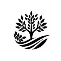 A minimalist, stylized monochrome tree silhouette emblem, portraying growth, and interconnectedness within a circular earthlike landscape. vector