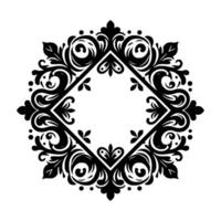 Intricate Black and White Ornamental Featuring a Central DiamondShaped Frame, Scrollwork, and Floral Elements. A Symmetrical, Elegant Pattern for Decorative Purposes. vector