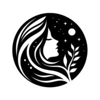 Silhouette of Womans Profile Encircled by Cosmic Elements Hair, Stars, Moon, and Leafy Branch, in Black White. vector