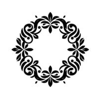 Black and White Decorative Wreath Featuring Floral and Swirl Motifs in a Symmetrical Composition with a Minimalist Aesthetic. vector